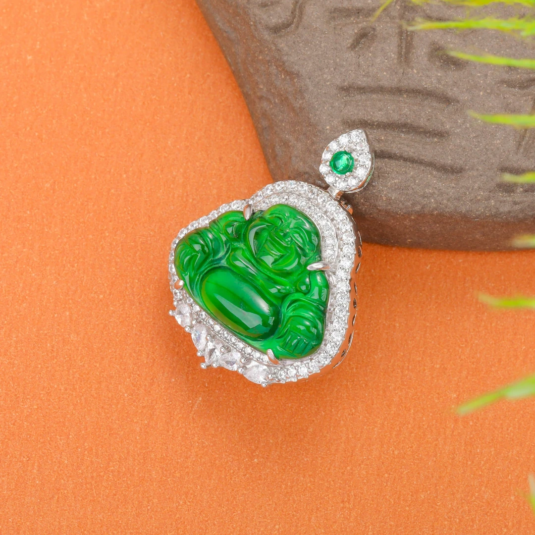 天然A货翡翠佛公满绿吊坠镶嵌挂坠复古精美绿多样性发其一不含链2