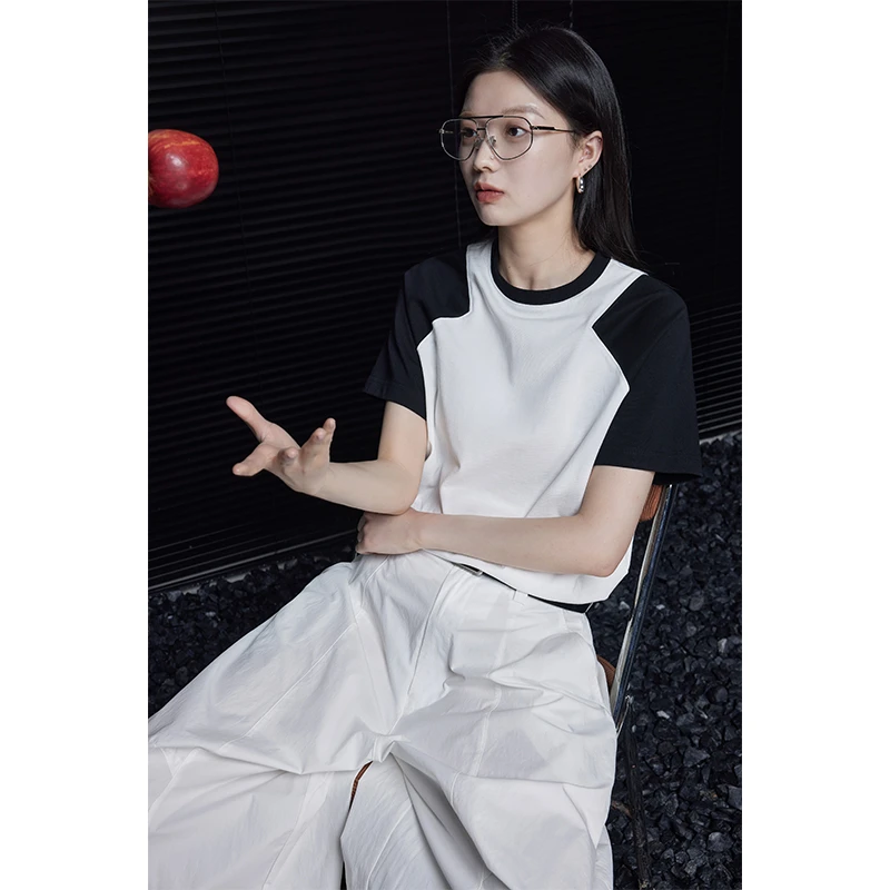 moment纯棉短袖t恤女2024新款夏季显瘦设计感小众撞色显瘦宽松