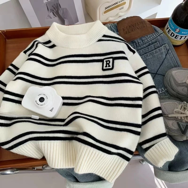 男童秋冬加厚毛衣2024韩版时尚条纹打底衫中大童柔软圆领套头打底
