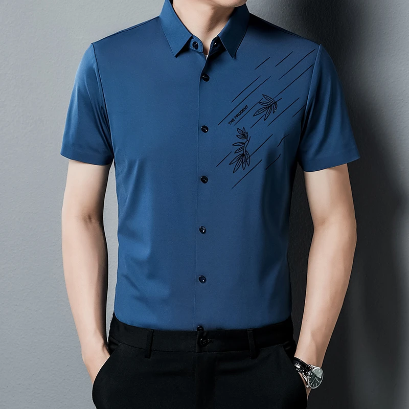 冰丝短袖衬衫男士无痕免烫2024夏季新款中年纯色衬衣时尚休闲男装