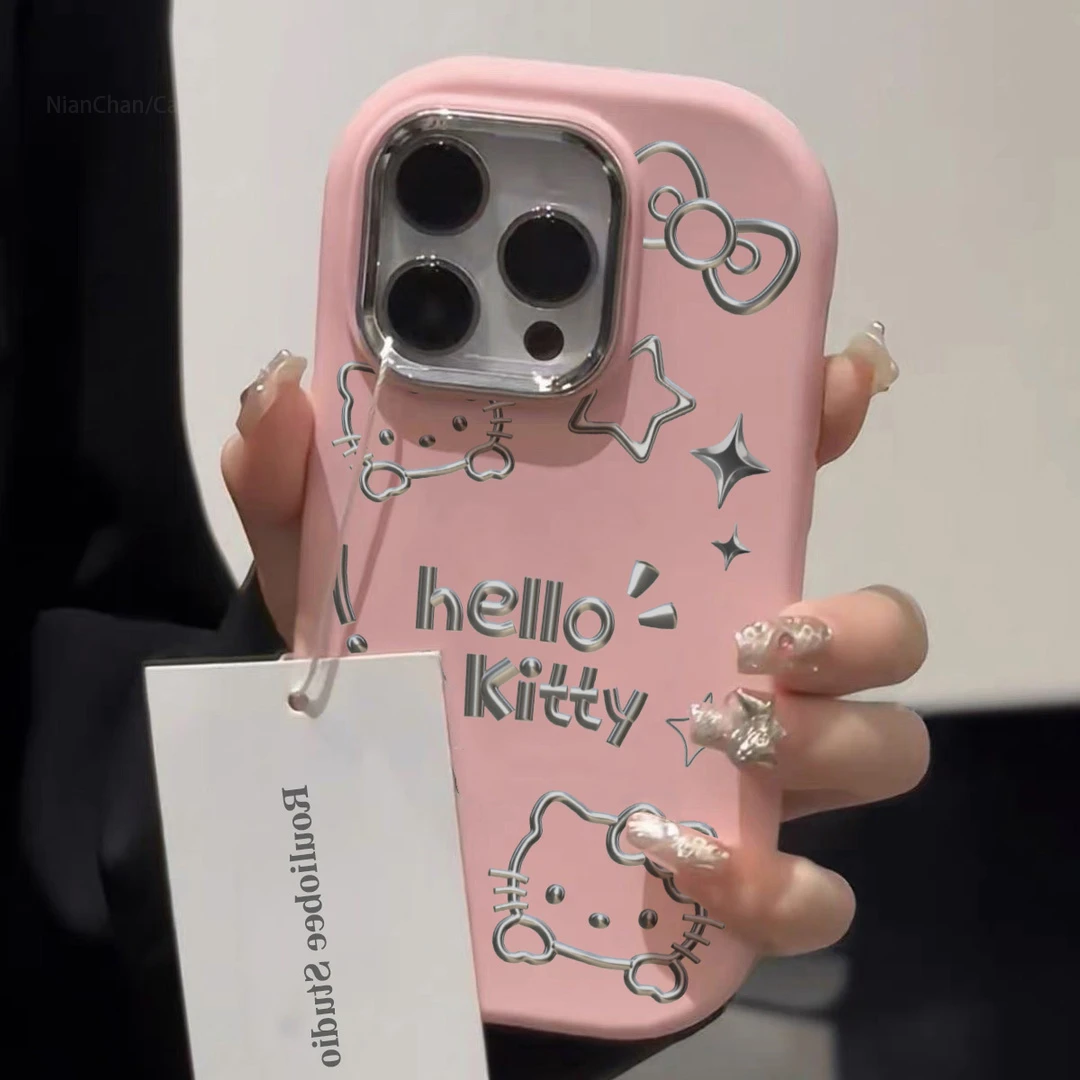 银镜小胖墩线条kt猫适用苹果iPhone15手机壳肤感14/13防摔女12/11