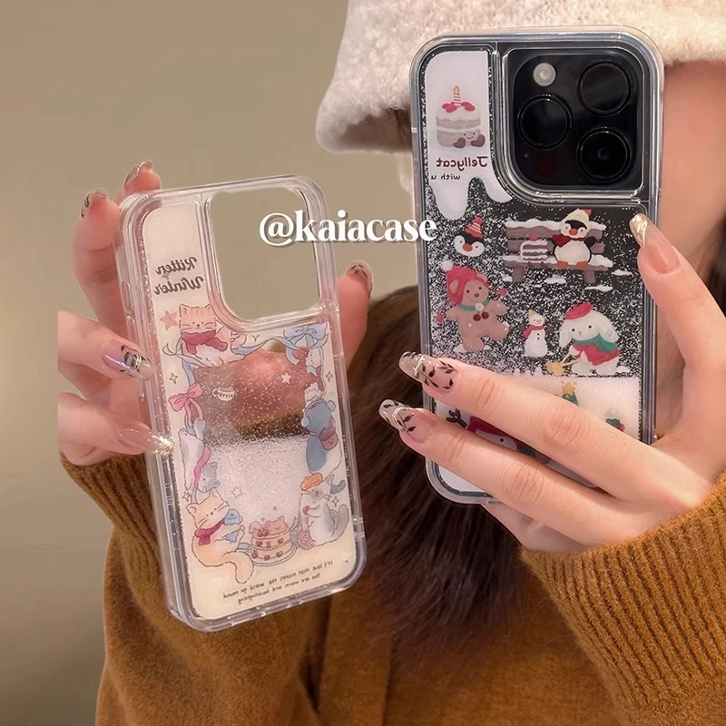 冰雪小熊流沙苹果15手机壳情侣iPhone14plus/13promax/12可爱11