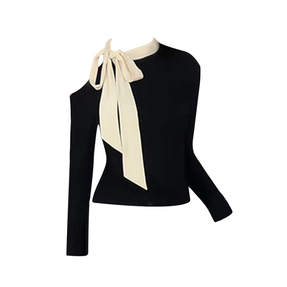 辣妹斜肩拼色飘带设计长袖T恤女修身气质显瘦打底系带蝴蝶结上衣