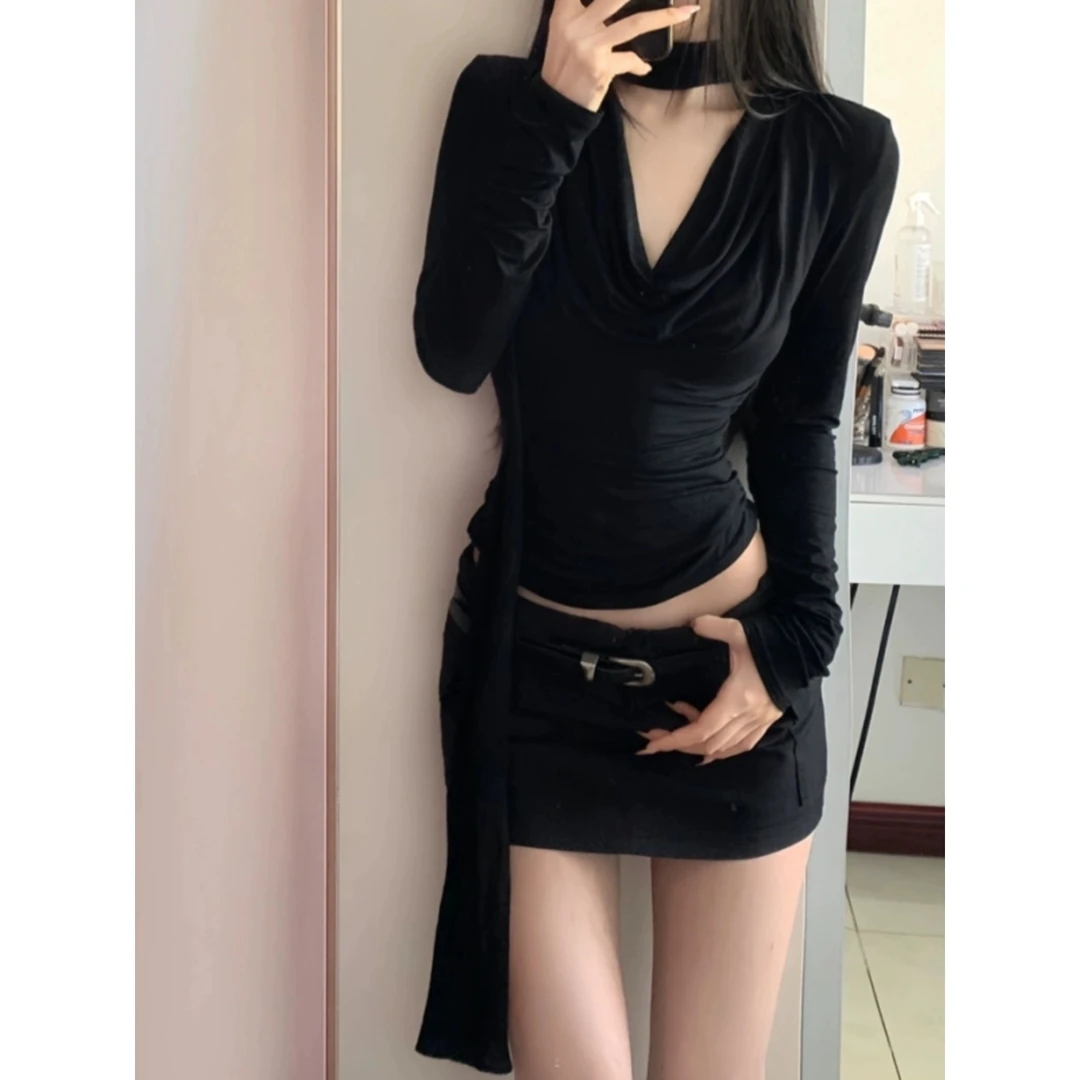 法式纯欲风荡领长袖T恤女早秋季新款2024黑色显瘦短款设计感上衣