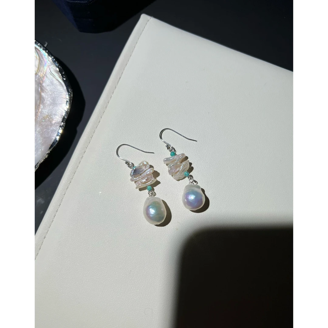 JUNMU绿松设计款珍珠耳环巴洛克气质时尚耳钩不规则小众925银耳坠