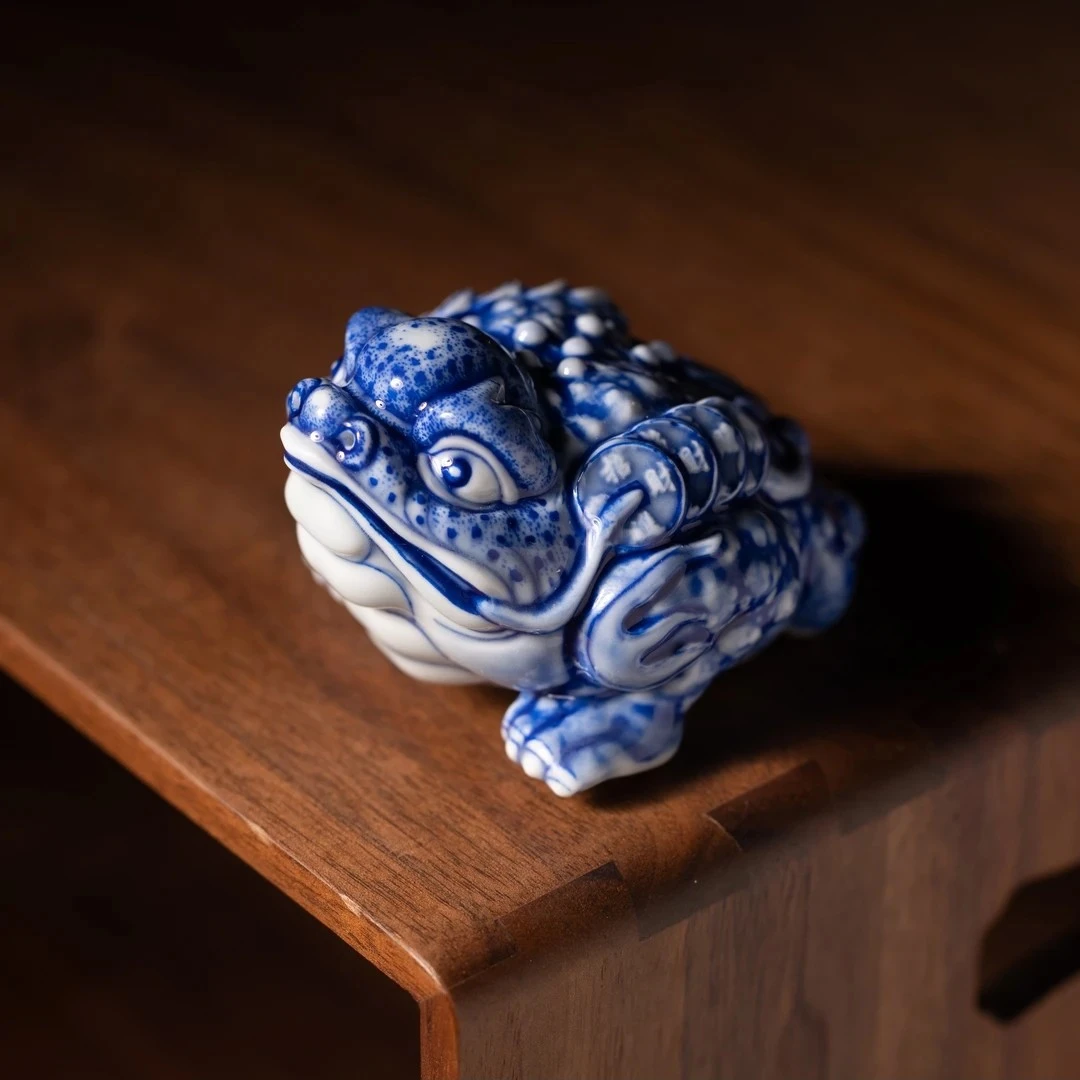 【良朋柴窑】青花瓷金蟾茶宠 摆件 纯手工手绘陶瓷名窑