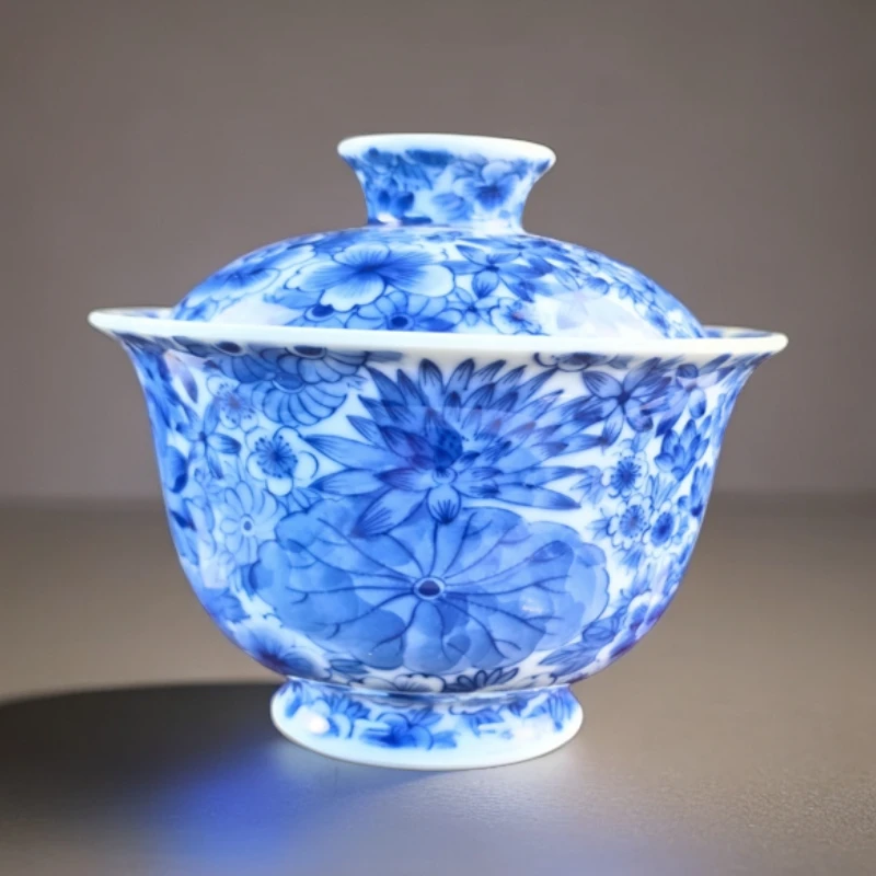 冯氏南山柴窑万花盖碗青花瓷纯手工手绘大号陶瓷中式泡茶杯主人杯