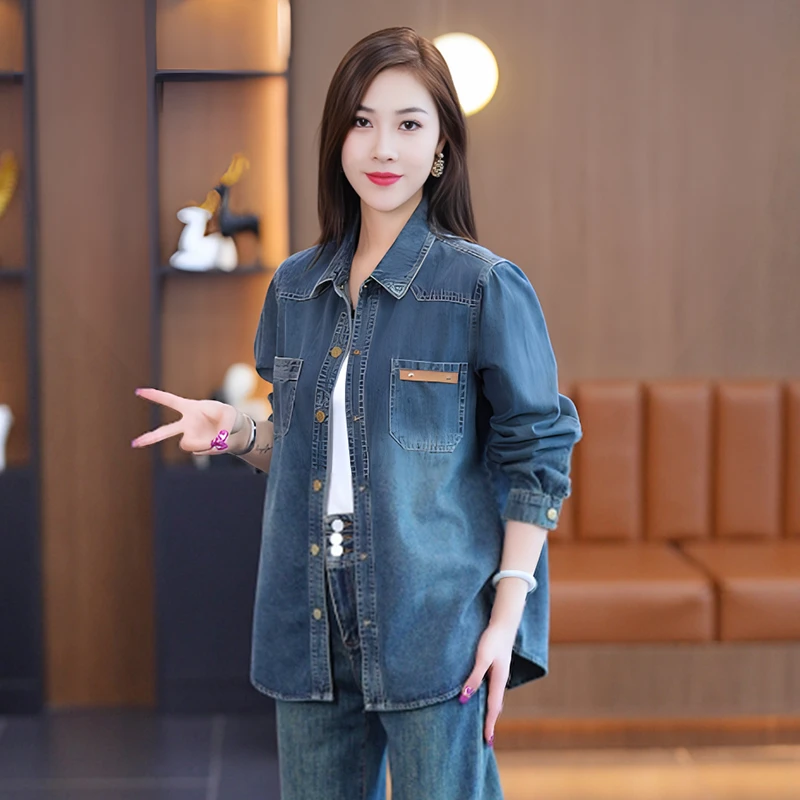 中长款牛仔衬衫外套女2025春秋新款长袖衬衣减龄休闲百搭上衣