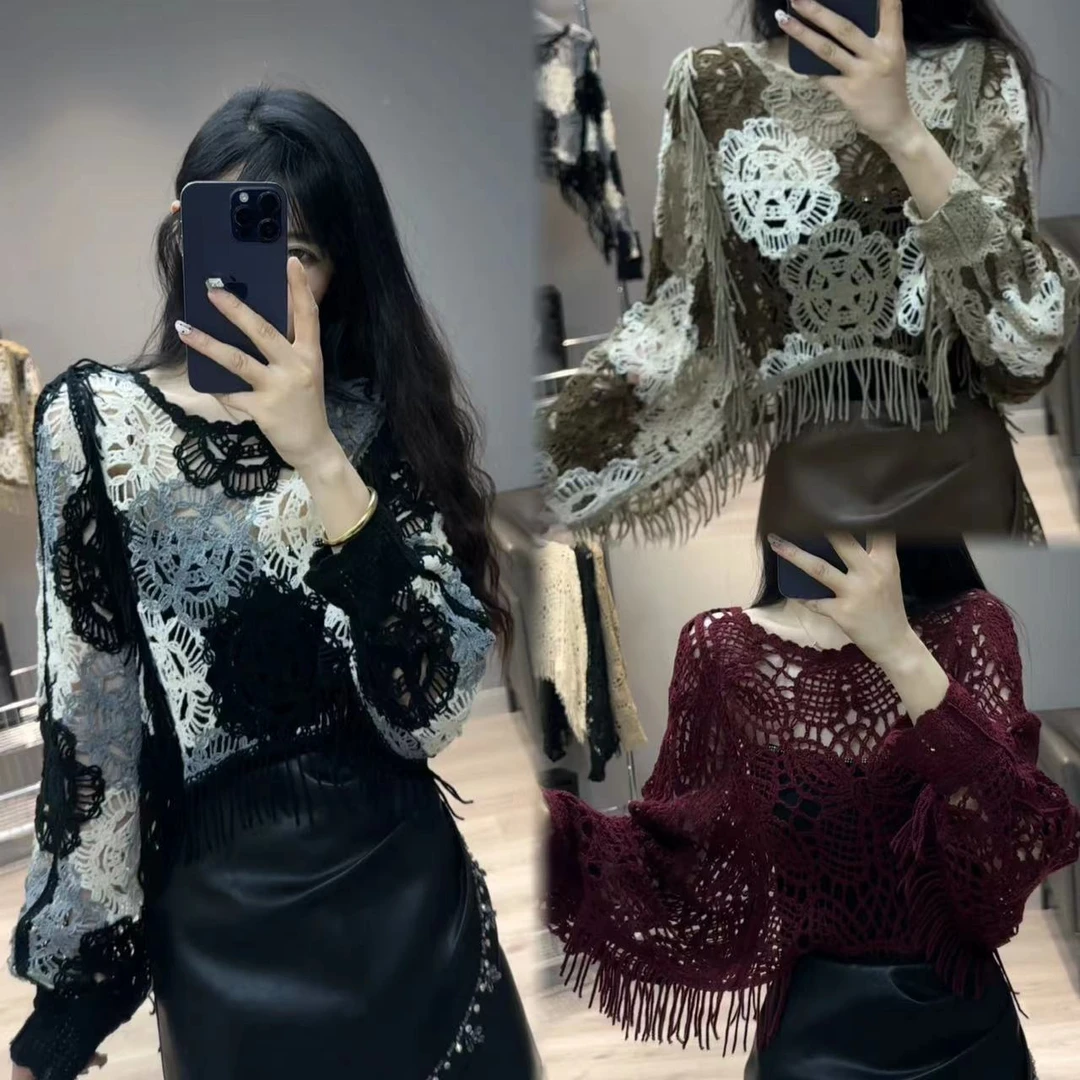 流苏斗篷毛衣短款罩衫钩花针织衫宽松蝙蝠袖别致设计感