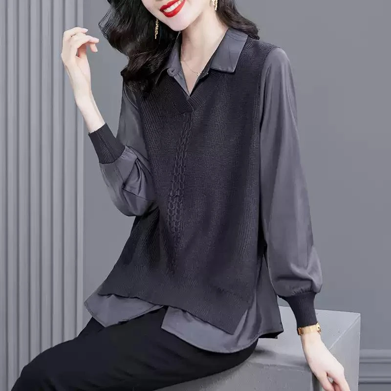 时尚妈妈假两件衬衫上衣女2023年新款宽松针织衫打底衬衣