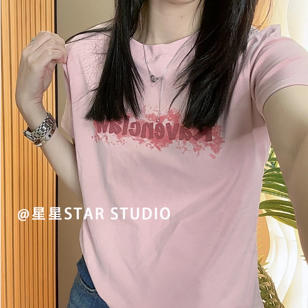 法式字母印花 XH1146 短袖t恤女2025夏季新款修身显瘦百搭上衣ins