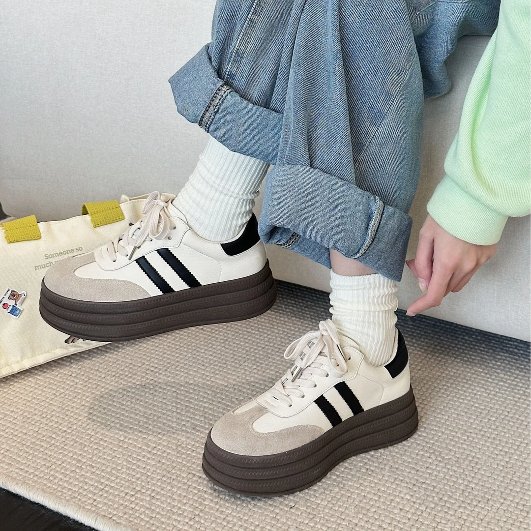 『嘻嘻』增高 厚底德训鞋女2024秋季新款真皮女鞋百搭休闲舒适板鞋