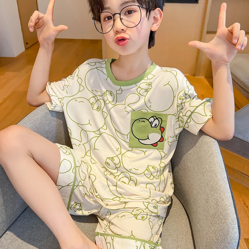 莫代尔儿童款睡衣夏季薄款透气短袖中大童卡通男童睡衣夏季套装