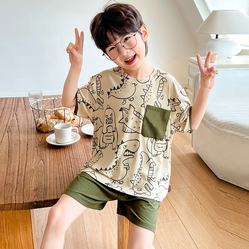 儿童睡衣夏季短袖套装莫代尔薄款13岁男孩中大童男童家居服可外穿