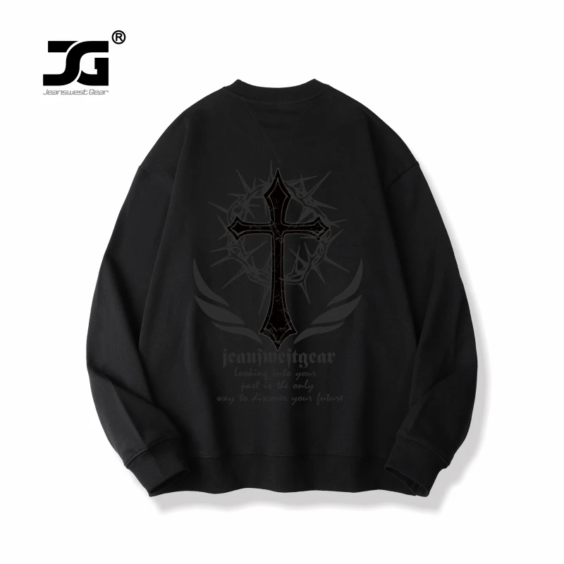 JG男装大码品牌【真维斯集团】美潮vibe十字架圆领黑色男女同款卫衣