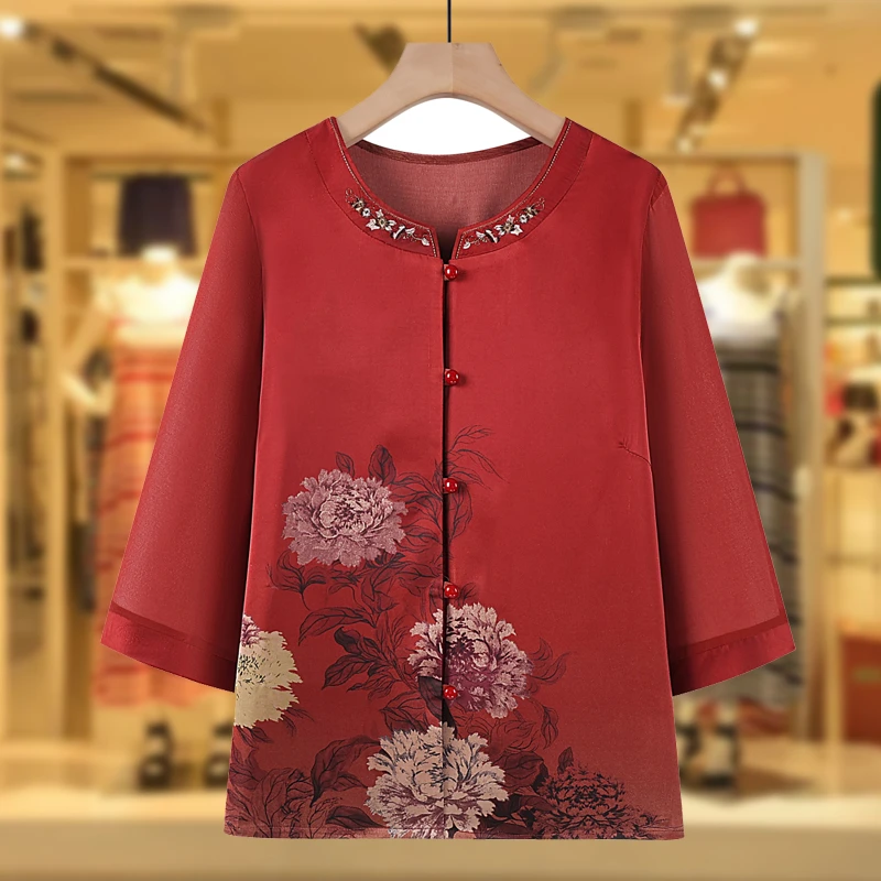 中老年人夏装女奶奶套装妈妈端庄立领薄衬衣老人衣服老太太花衬衫