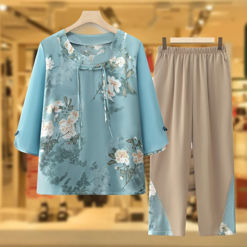 中老年人新中式套装奶奶夏装两件套妈妈宽松短袖t恤老人衣服裤子