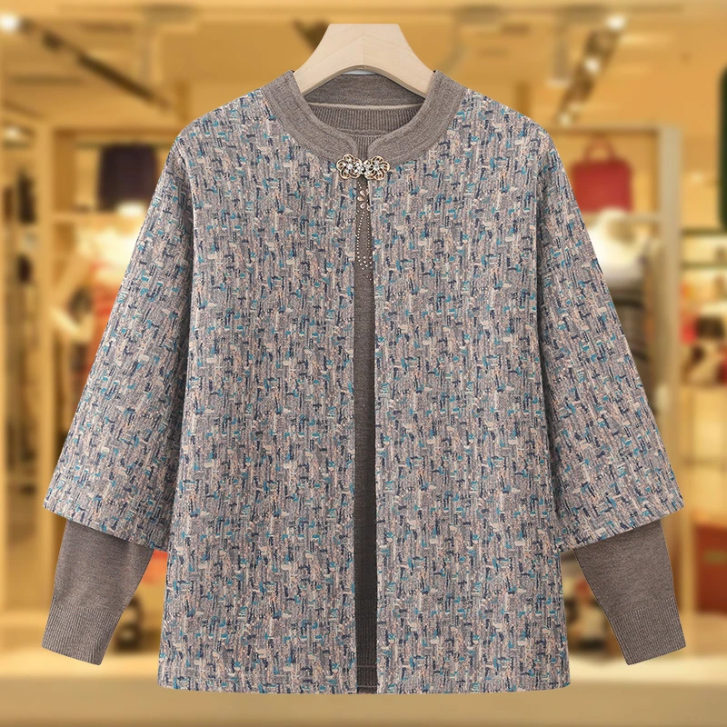 妈妈装秋季宽松两件套女士上衣中老年秋冬装针织衫开衫洋气上衣女