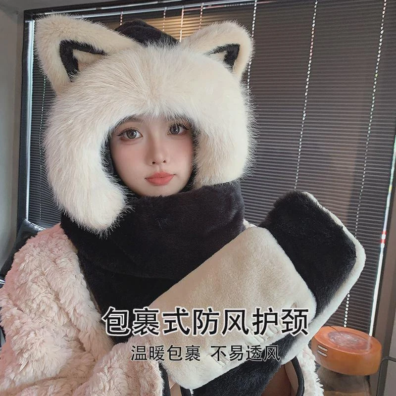 新款狐狸耳朵帽子围巾手套一体女秋冬季保暖围脖连帽三件套