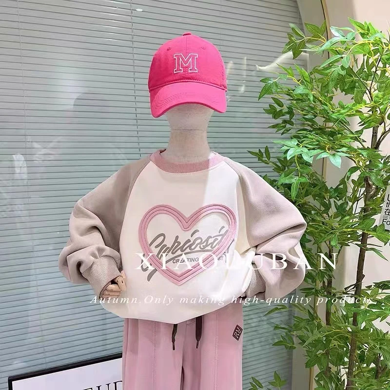 37112韩系童装秋装潮牌粉色爱心卫衣女童春秋款韩版拼色上衣春季