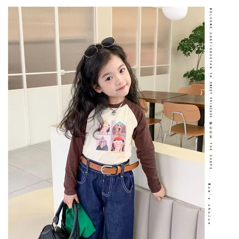 21010儿童长袖插肩袖2024新款春秋洋气百搭男女童T恤圆领印花撞色