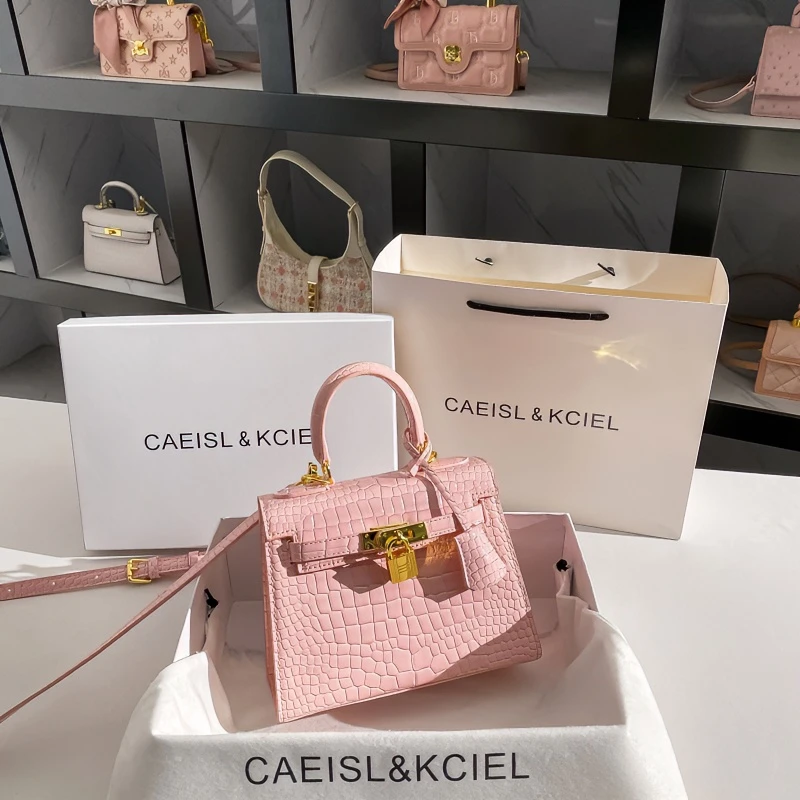 CAEISL&KCIEL小众设计樱花粉鳄鱼纹手提小方包女高级感单肩斜挎包