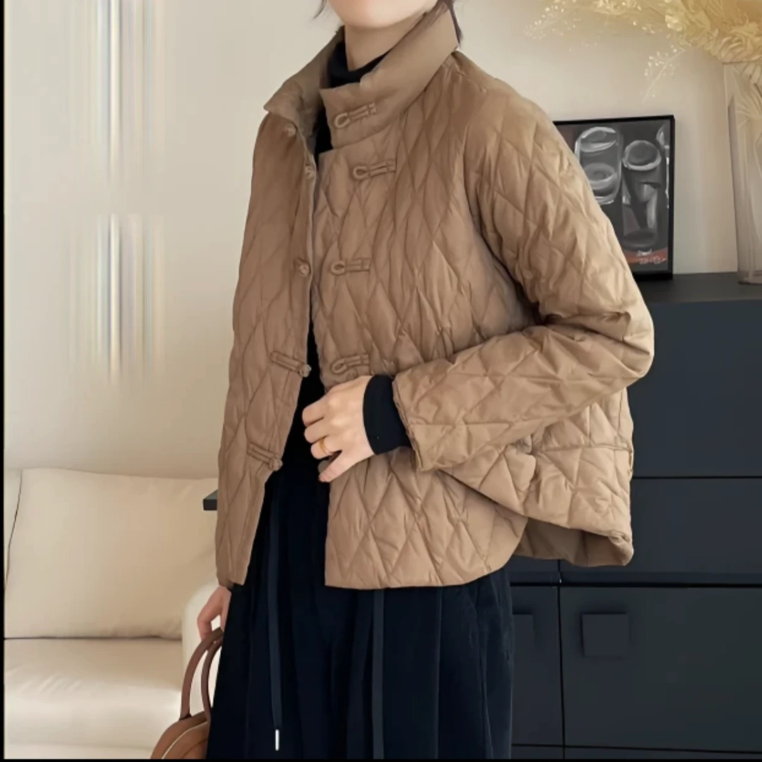 引卷2024年新款菱形格冬季轻薄保暖舒适御寒上衣新中式盘扣外套