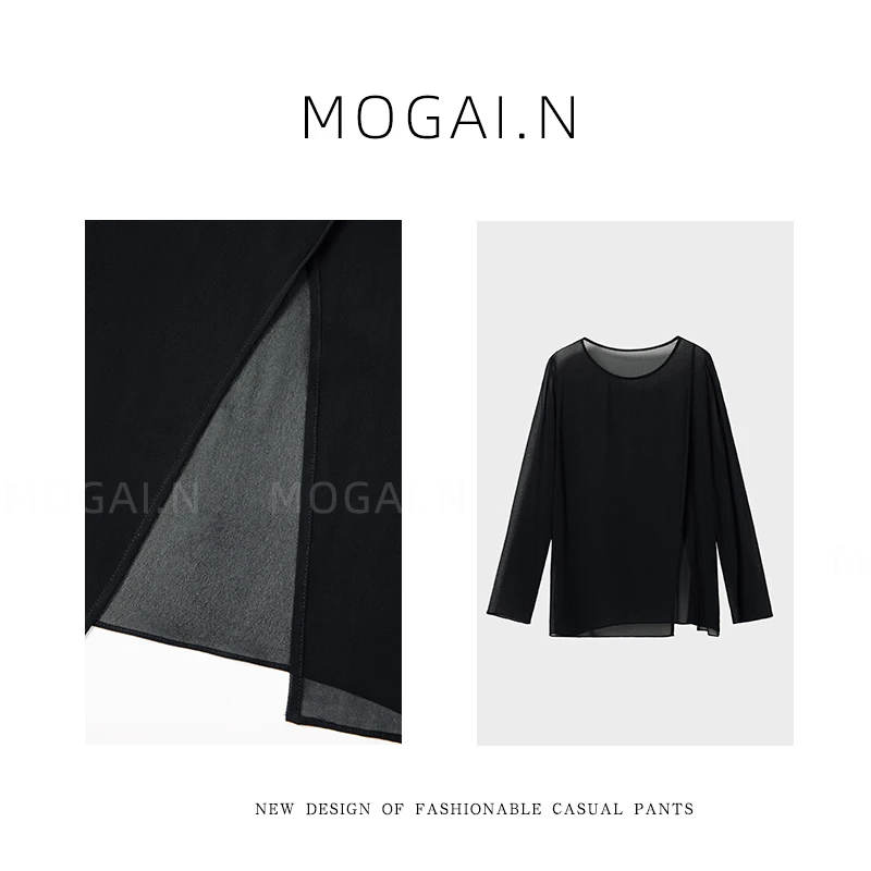 ”雾面“珠光光泽感侧开叉长袖仿晒T薄款夏季搭配上衣8822