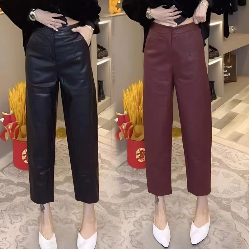 秋冬PU皮裤九分2024新款时尚秋季高腰显瘦宽松哈伦裤遮肉个性潮