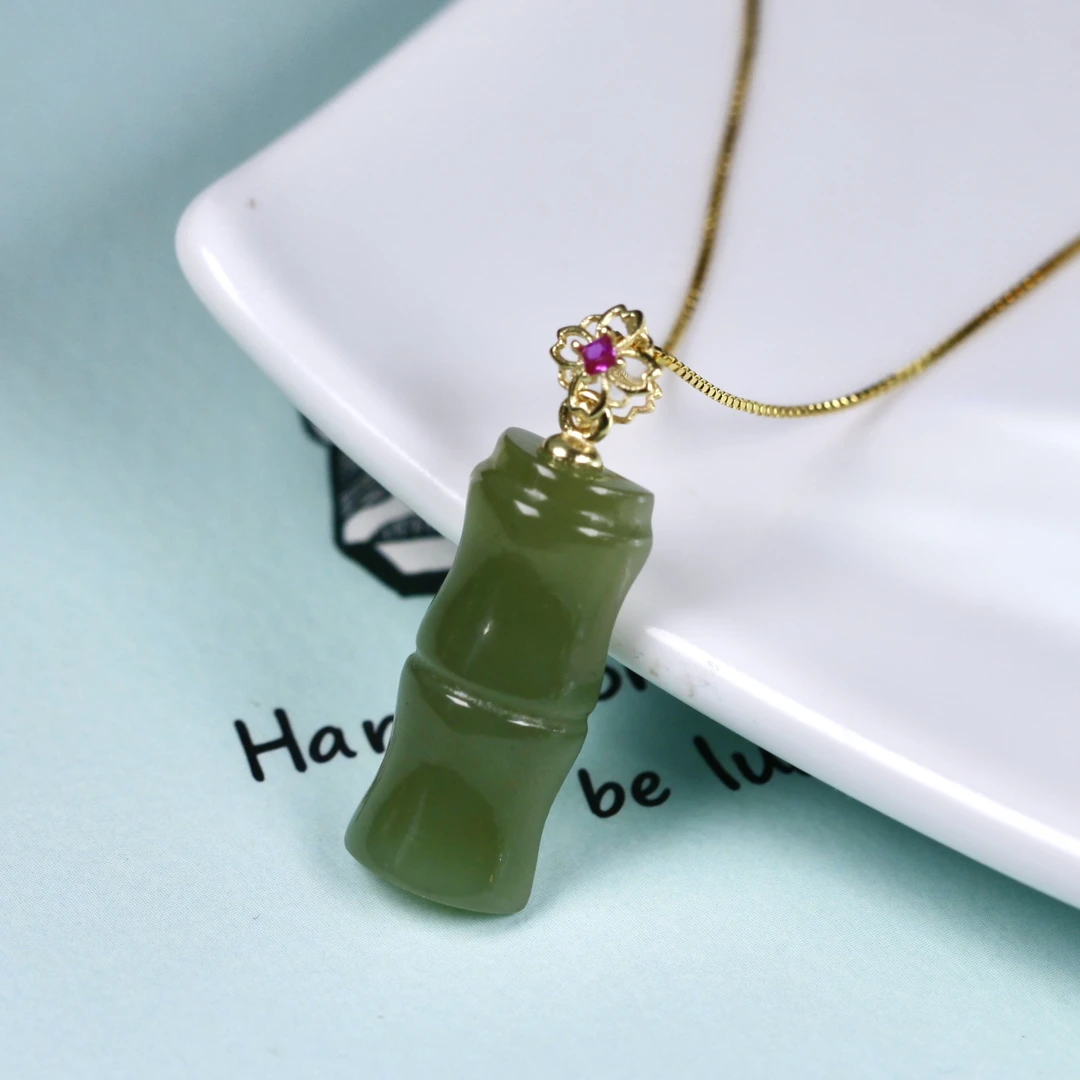 天然和田玉石竹节吊坠碧玉青玉银项链珠宝精致简约时尚镶嵌多样性