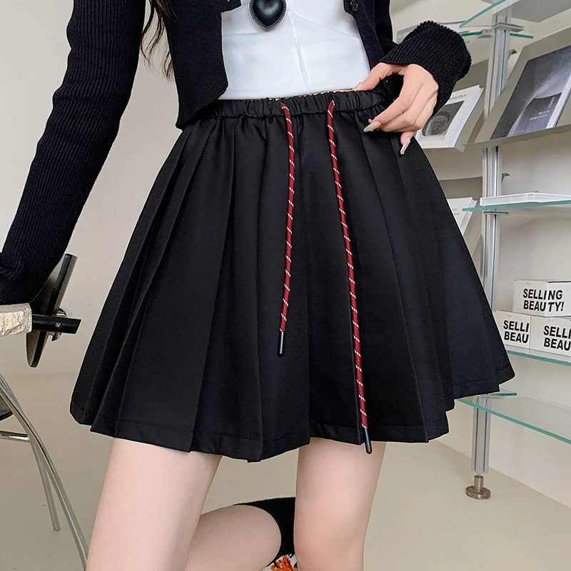 【防走光】2024秋季新款百褶半身裙女高腰抽绳松紧腰西装A字短裙子