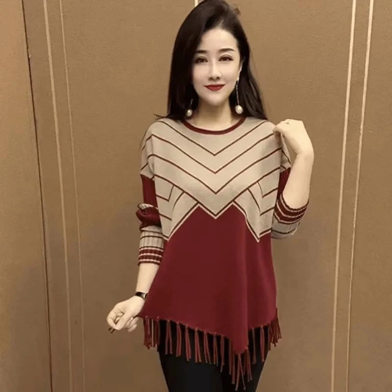 秋季网红新款时尚百搭中长款宽松大码气质印花流苏设计舒适妈妈装