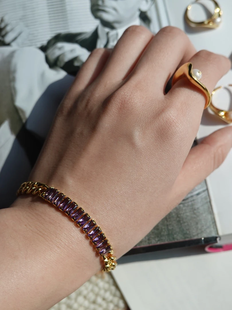 铜合金合成锆石手链 时尚施家紫水钻珠宝扣手链