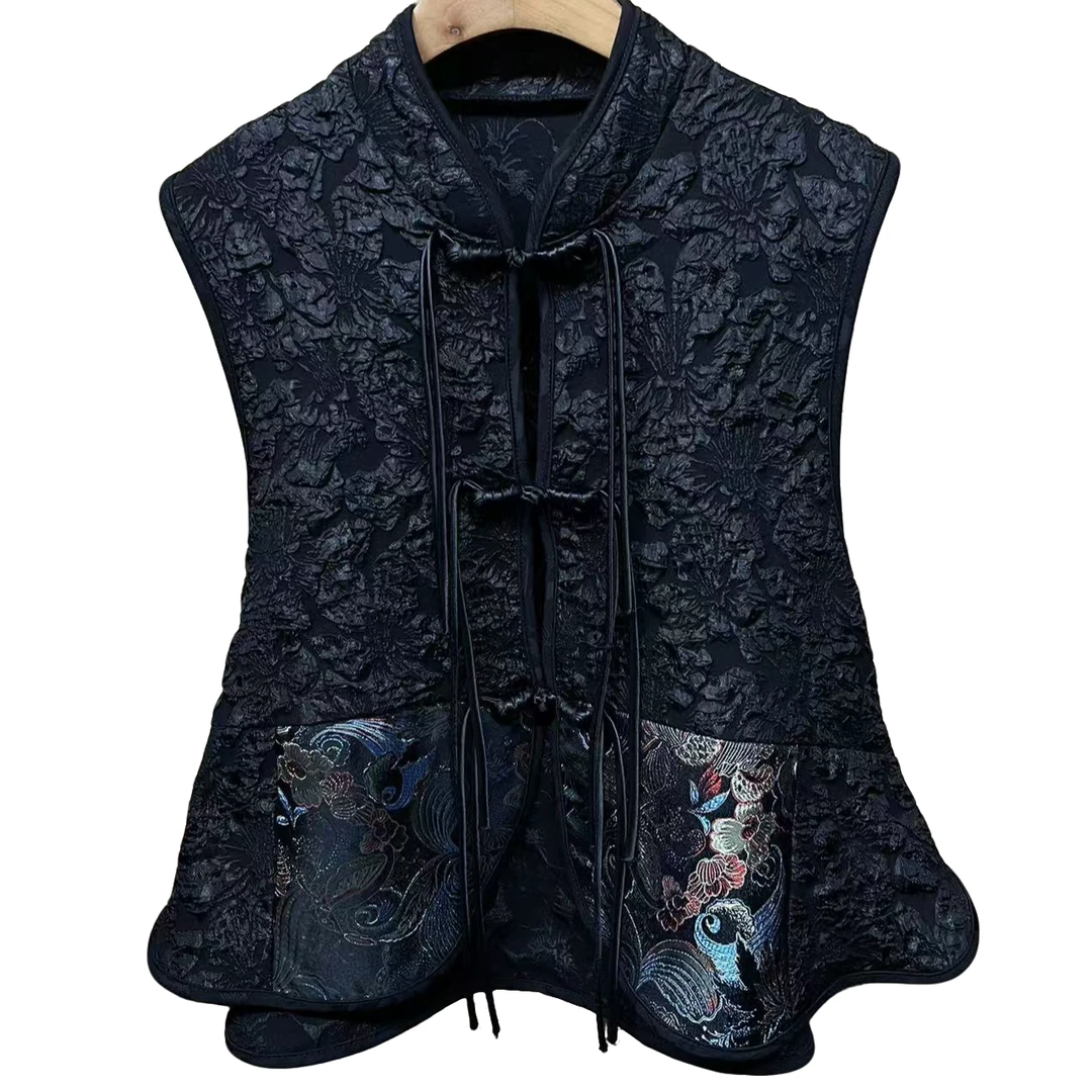 008-新中式刺绣提花马甲复古无袖百搭唐装马夹上衣