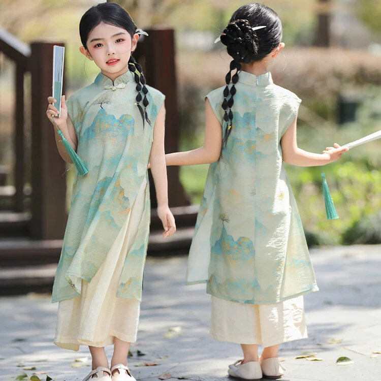 江山新中式女童国风套装旗袍裙连衣裙夏季洋气气质复古旗袍套装潮