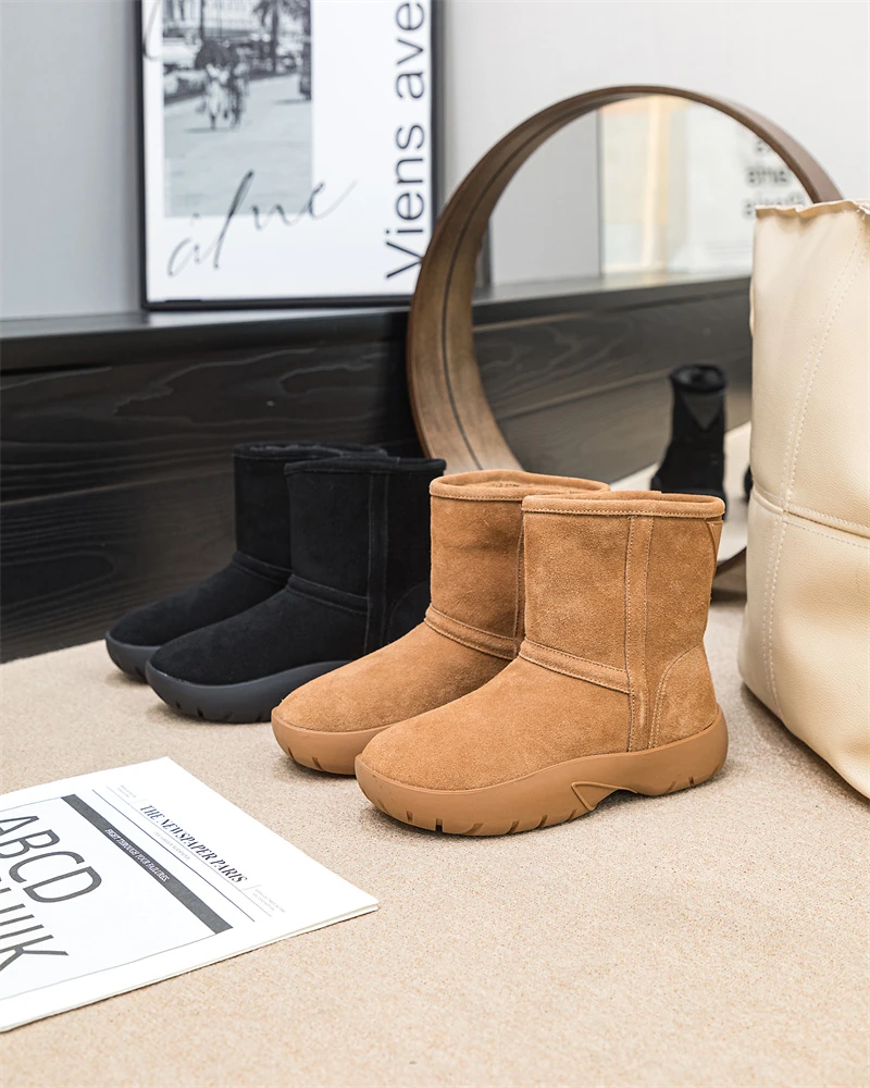 冬季新款真皮厚底平底棉鞋两穿雪地靴加绒加厚防滑保暖时尚短靴女