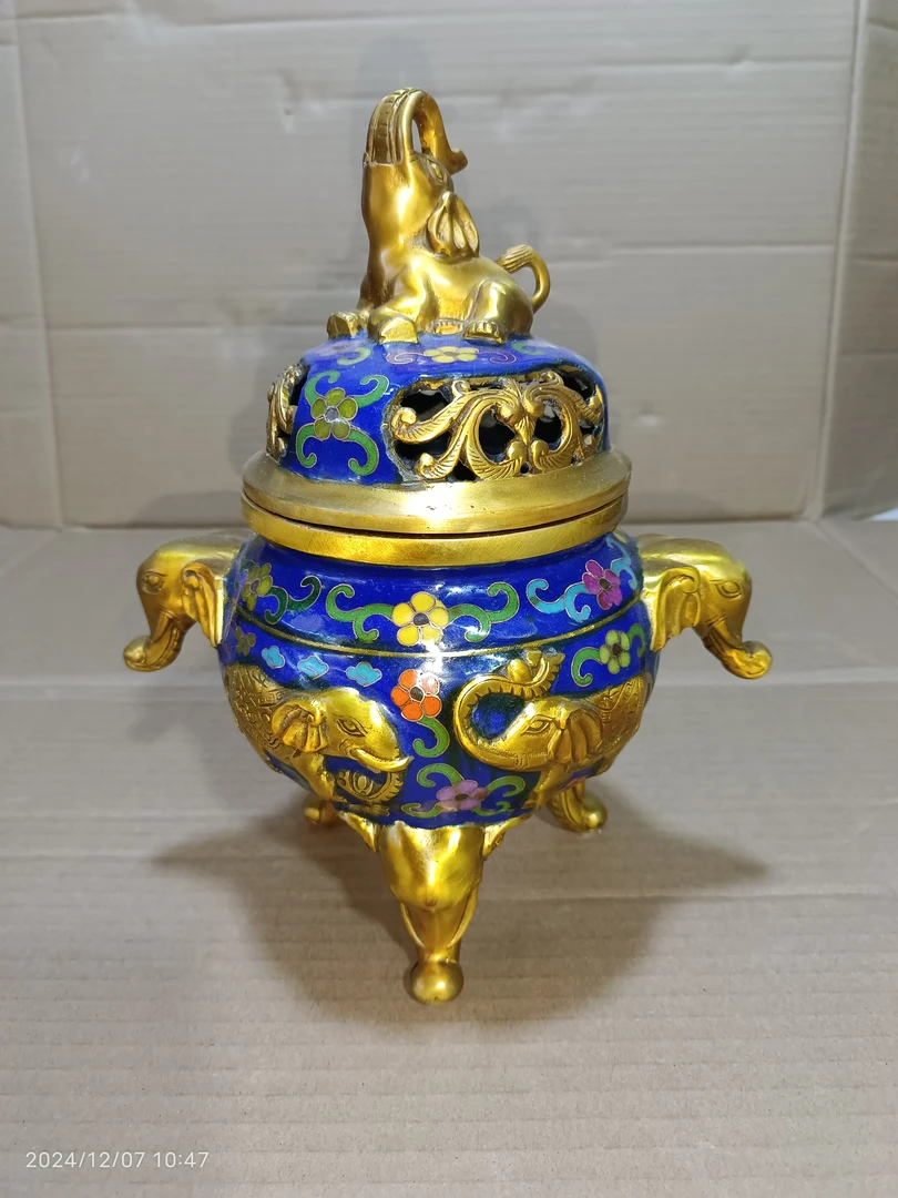 铜胎景泰蓝大象耳熏香炉家居装饰客厅书房摆件长20宽13高25厘米