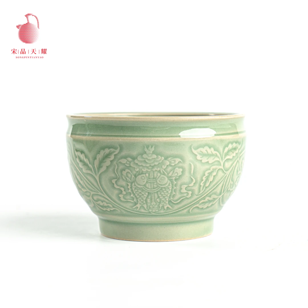【宋品天耀】耀州窑若见秘色吉祥八宝水盂青瓷手工刻花茶具
