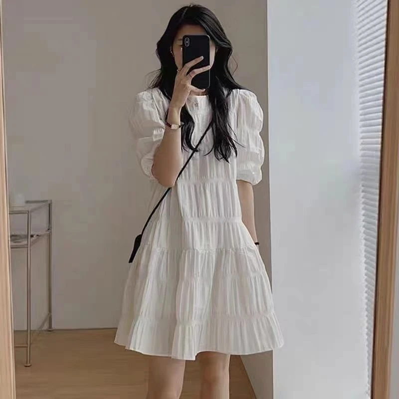 2024新款设计感小众褶皱泡泡袖法式连衣裙女夏季小个子显瘦短裙子