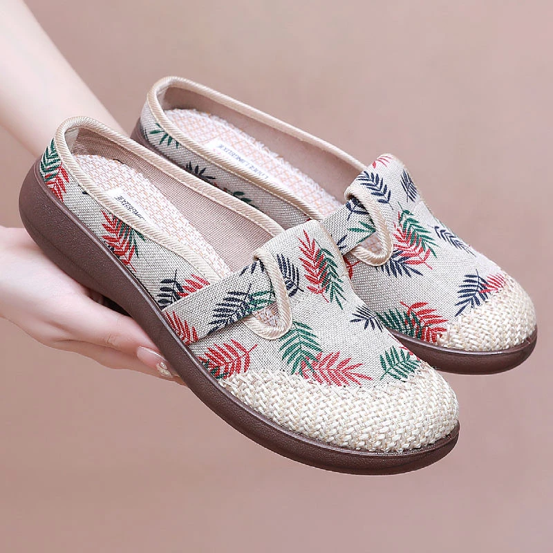 老北京布鞋女夏季包头半拖鞋透气外穿亚麻女鞋民族风一脚蹬妈妈鞋