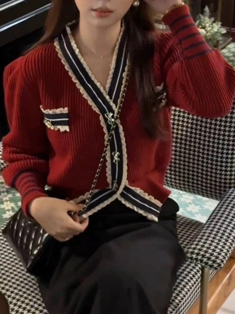 【都市晚宴】小香气质撞色V领开衫毛衣女蝴蝶结纽扣高级长袖上7274