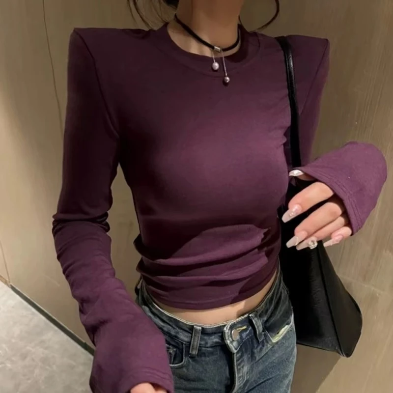 紫色长袖t恤女内搭修身显瘦正肩设计感短款圆领打底衫上衣8135
