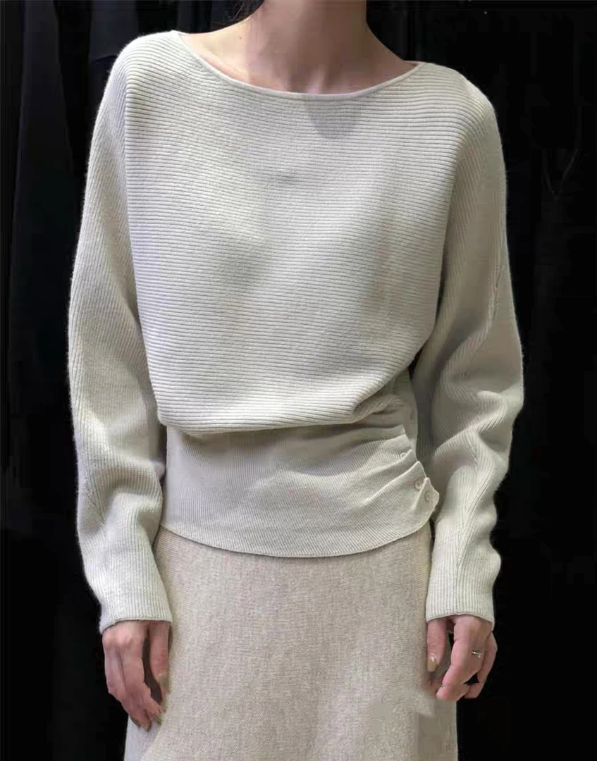 2024冬季女士一字领毛针织衫上衣高级感收腰收腹露锁骨打底衫3221
