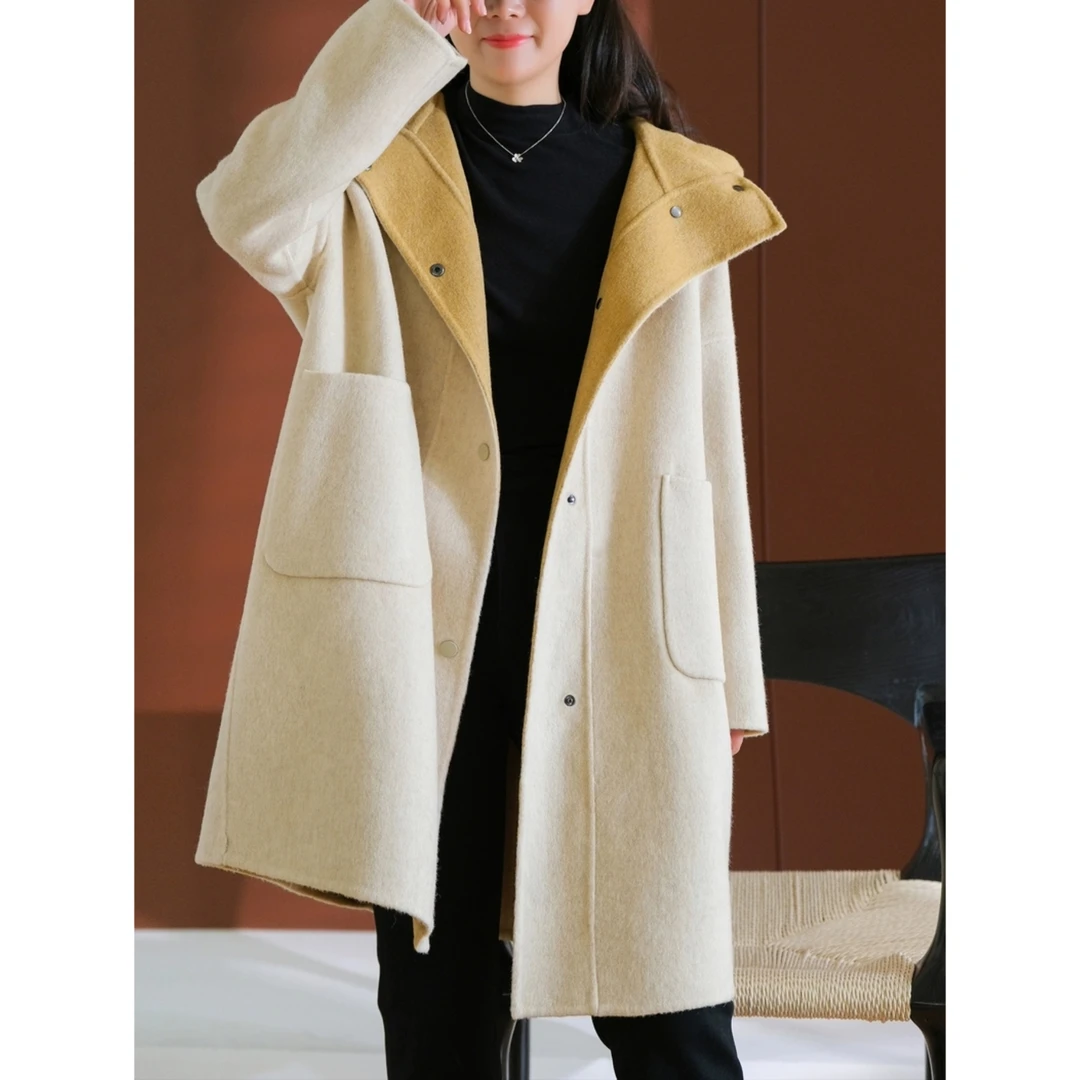 ONEOF 双面双色连帽手工气质款羊毛大衣韩版百搭