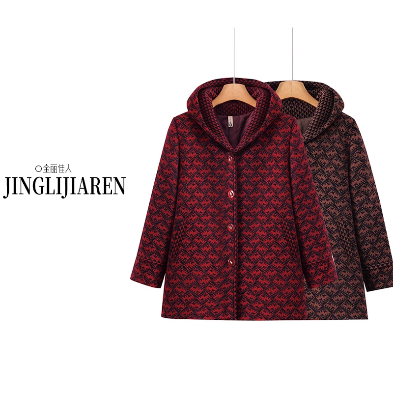 中老年妈妈装秋冬新款连帽外套宽松大码保暖女士毛呢大衣潮