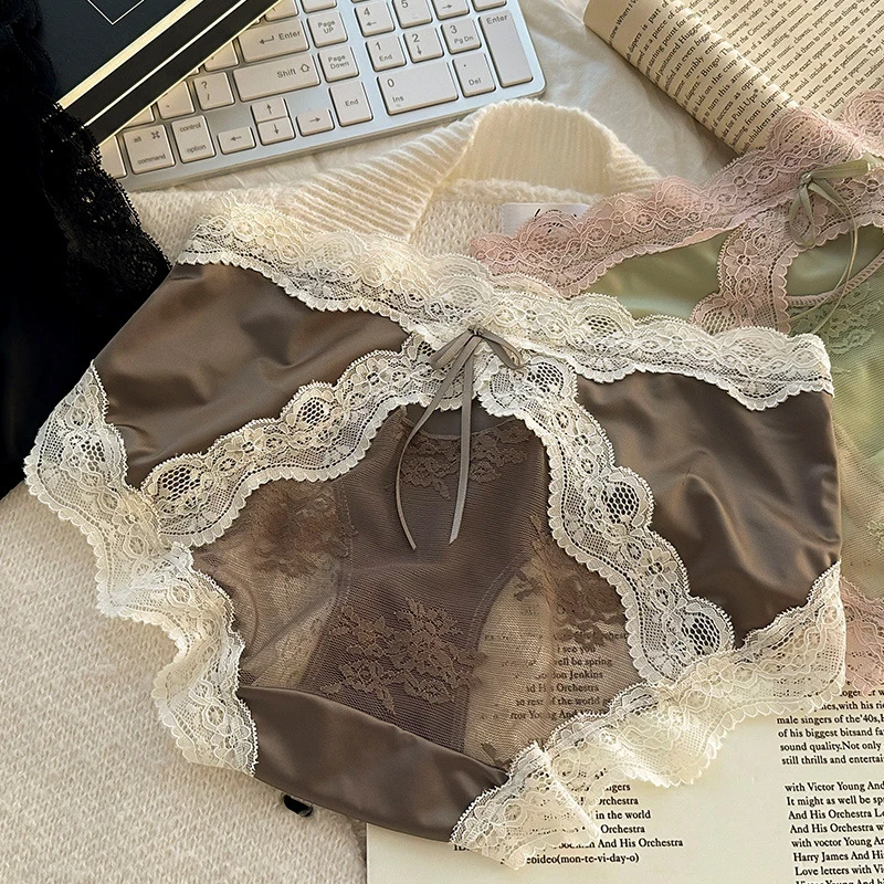 甜美少女网纱蕾丝性感纯欲舒适亲肤半透明绸缎撞色拼接女士三角裤