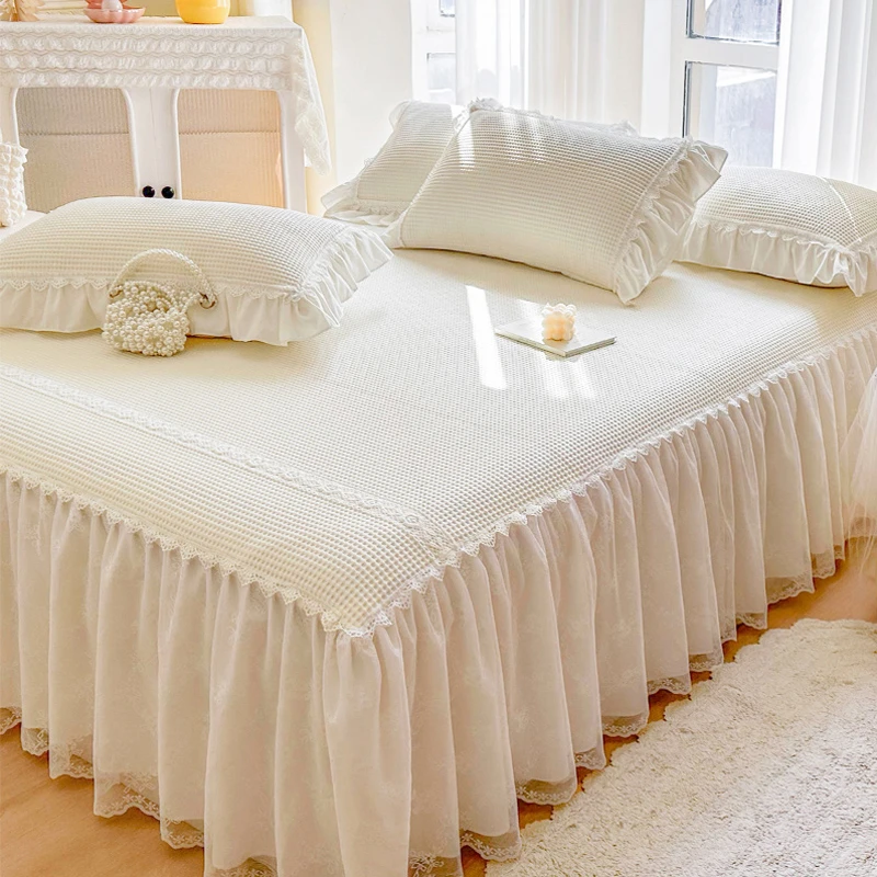 华夫格凉感冰丝床裙三件套蕾丝花边白色床罩夏季空调防滑床单凉席