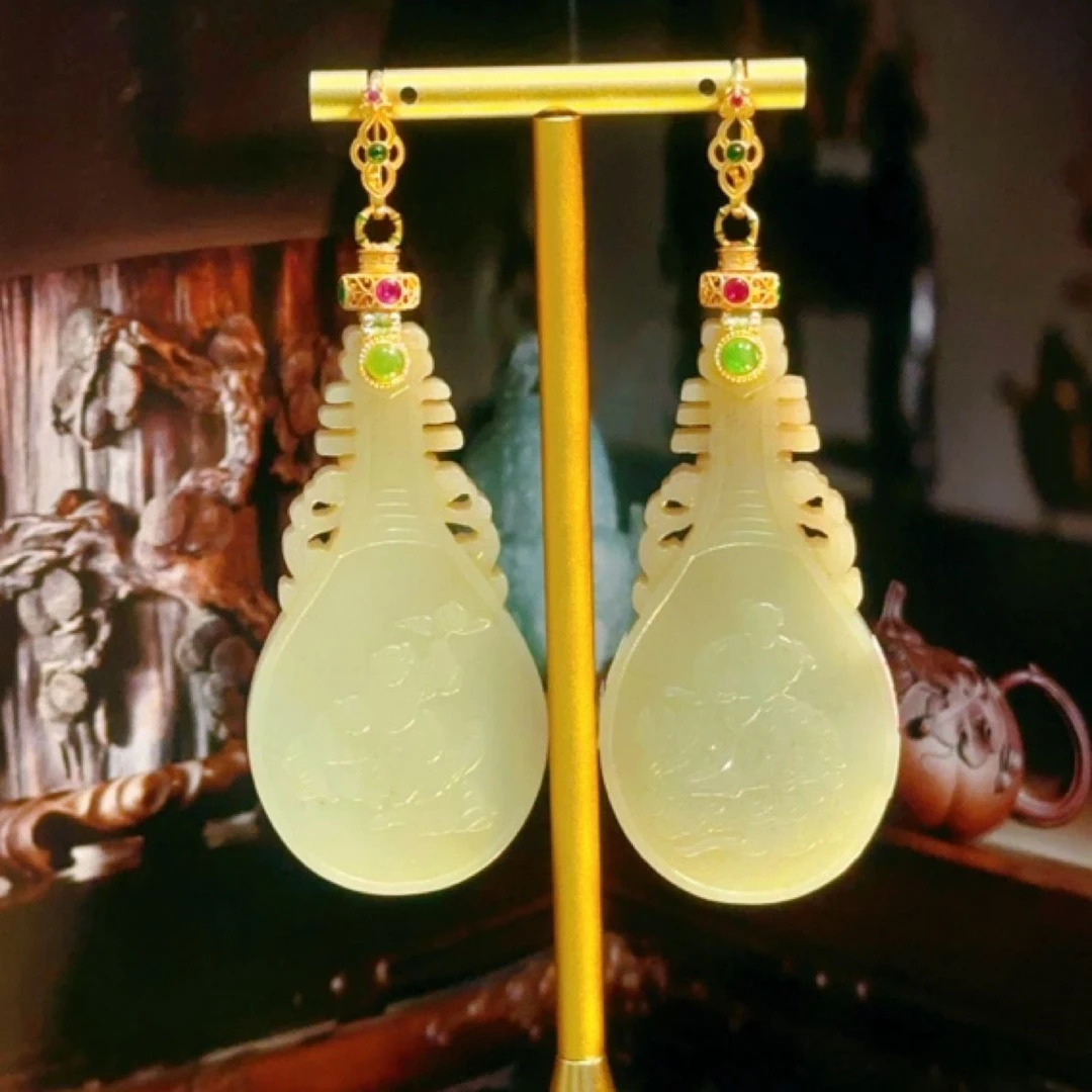 高定国潮国风和田玉简约大气琵琶知性艺术大耳环耳坠【天玺珠宝】