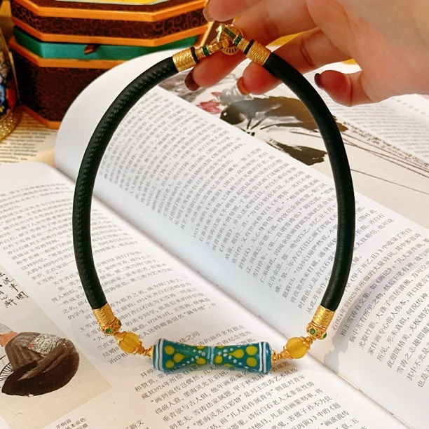 链子925银琉璃 原创蓝色老琉璃简约时尚休闲皮绳项链【天玺珠宝】