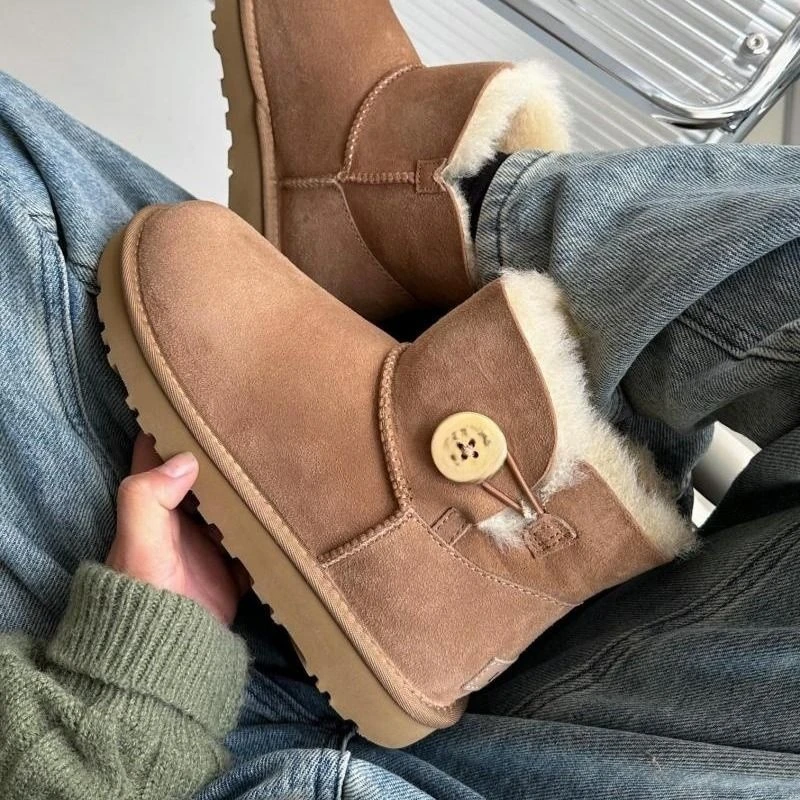 低帮雪地靴女一粒扣百搭真皮牛皮羊毛保暖加厚防滑2024冬季一脚蹬